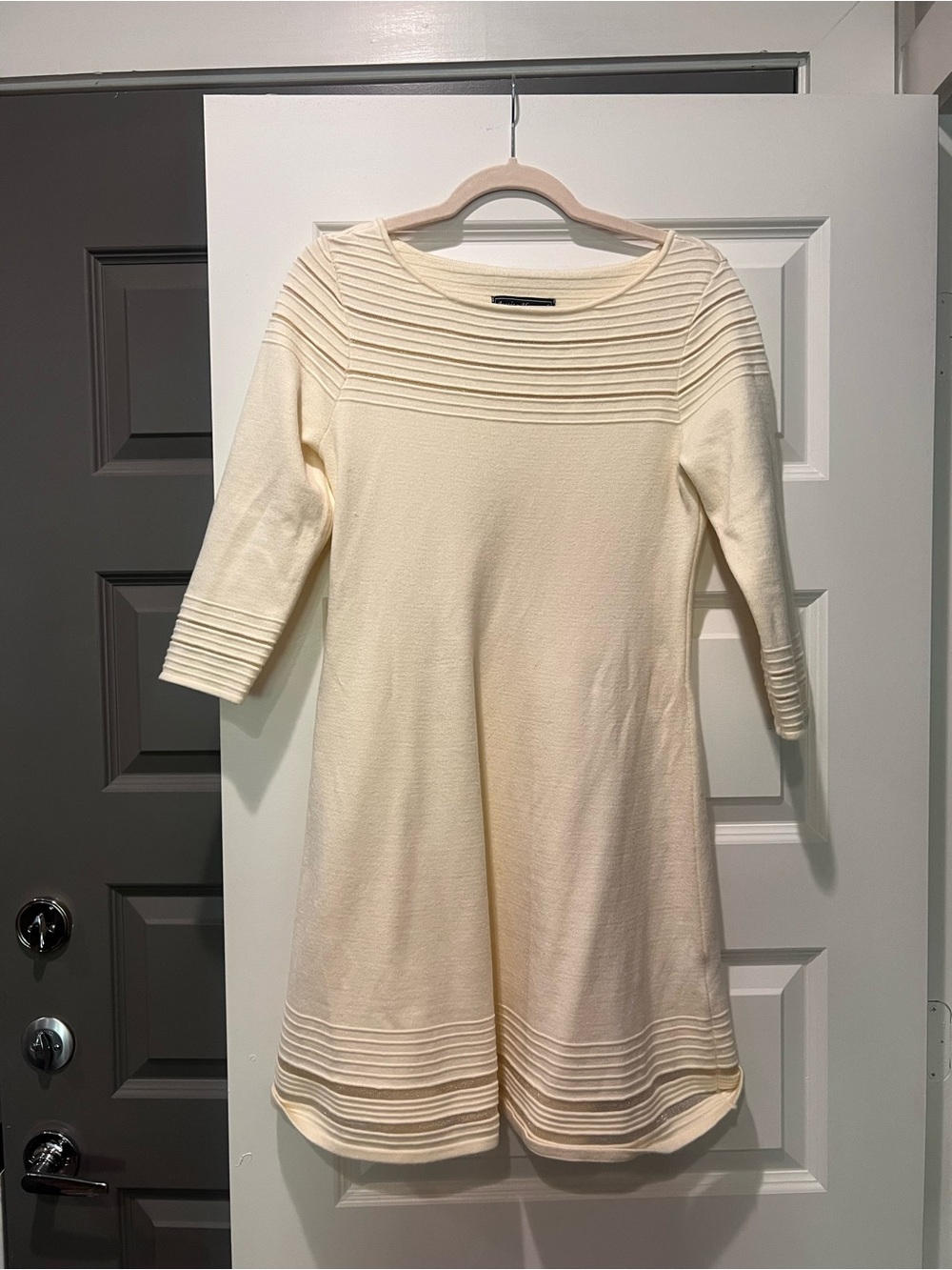 Cream Knit A-Line Dress with Textured Rib Detail